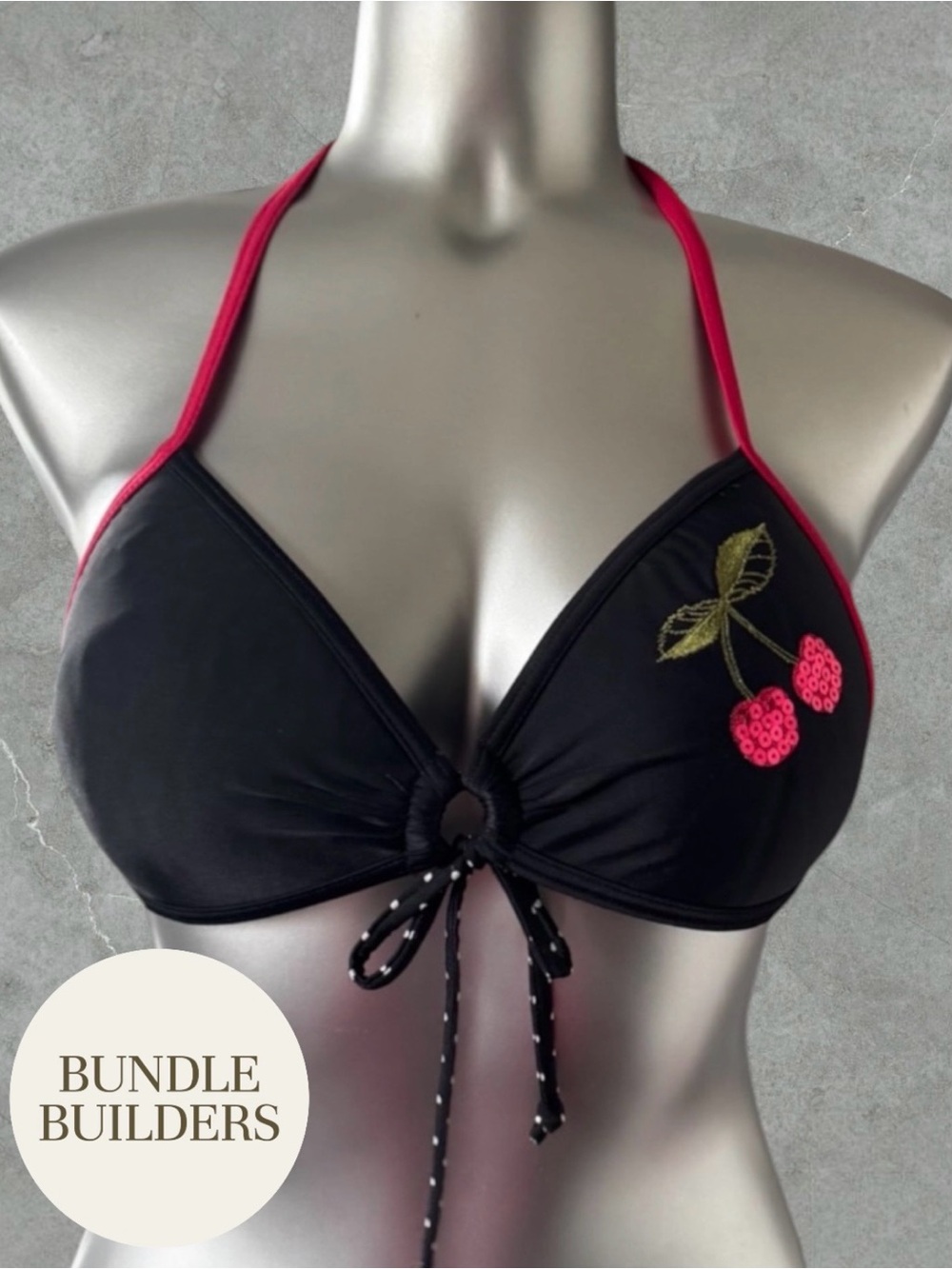 $10 Add-on | Black & Pink Cherry Halter Bikini Top with Embroidery